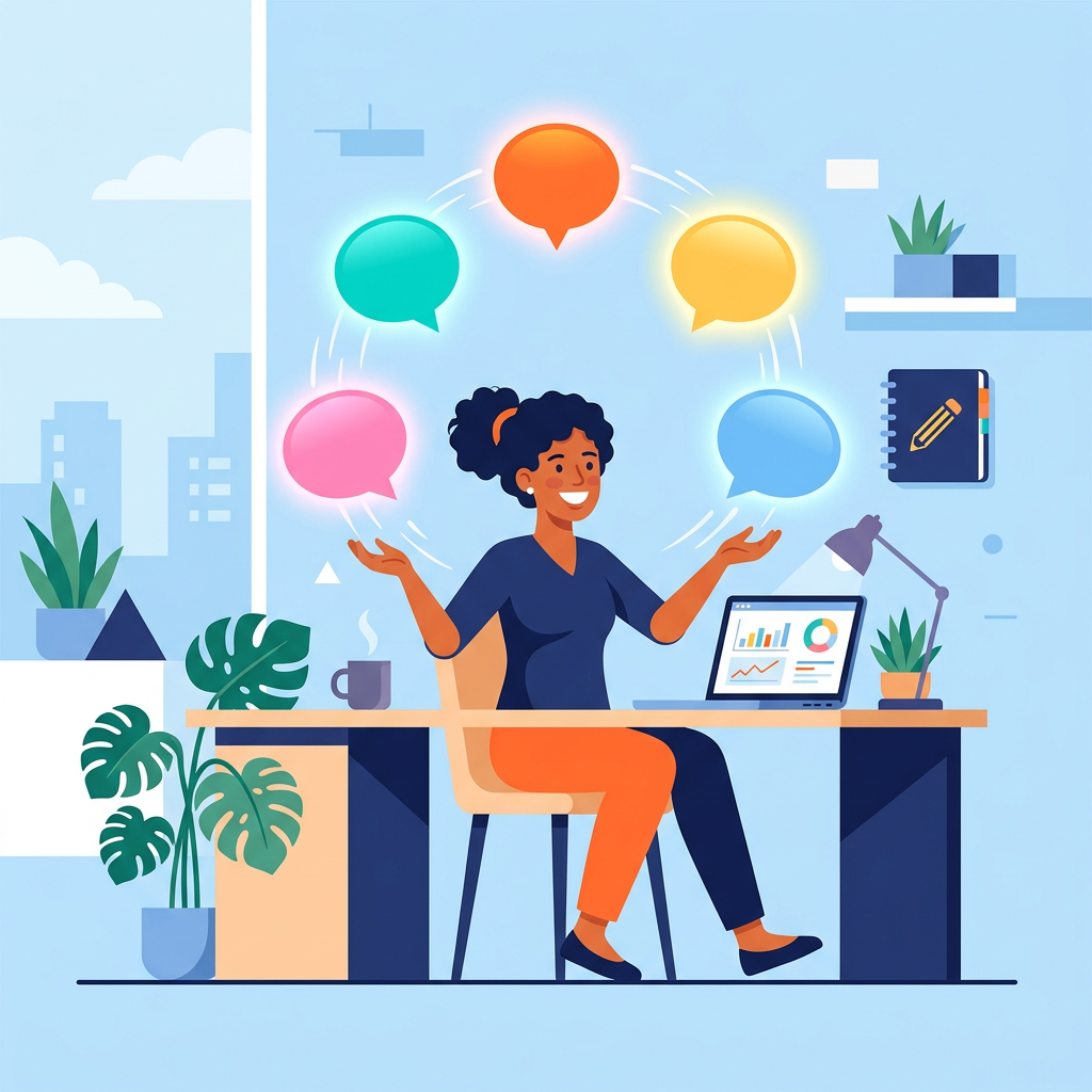 Illustration of a marketer juggling five speech bubbles, one for each AI engine