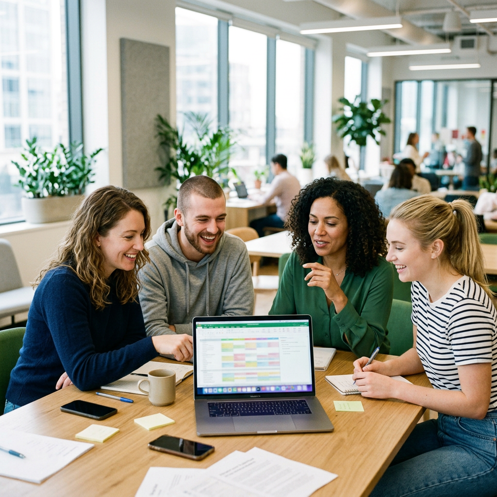 Marketing team planning around a laptop